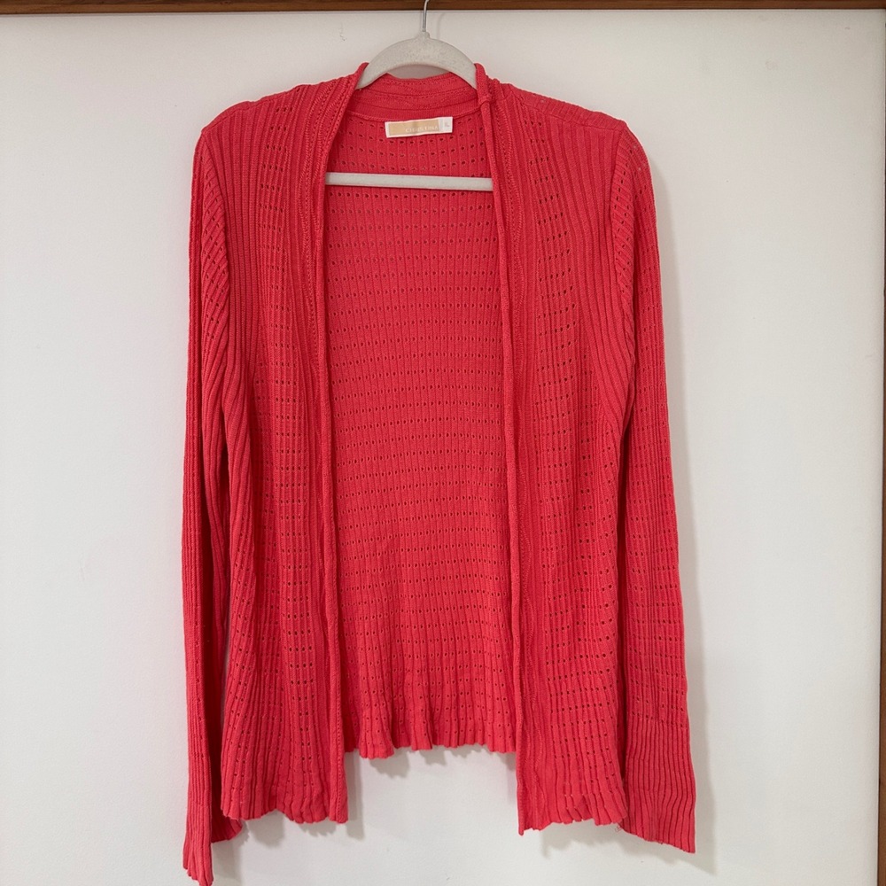 Christina Open Front Pointelle Knit Cardigan Women XL Coral Red Ribbed